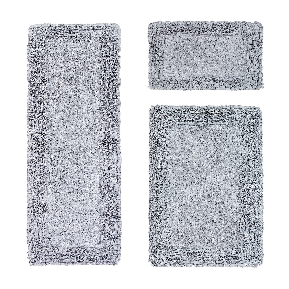 Better Trends Shaggy Border Collection, 3 Piece (17" x 24" | 24" x 40" | 20" x 60") Bathroom Set, Rectangle Rugs, 100% Cotton Silver Bath Mat, Water Absorbent and Non-Slip Doormat