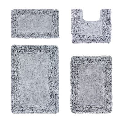 Better Trends Shaggy Border Collection, 4 Piece (17" x 24" | 20" x 20" | 21" x 34" | 24" x 40") Bathroom Set, Rectangle Rugs, 100% Cotton Silver Bath Mat, Water Absorbent and Non-Slip Doormat