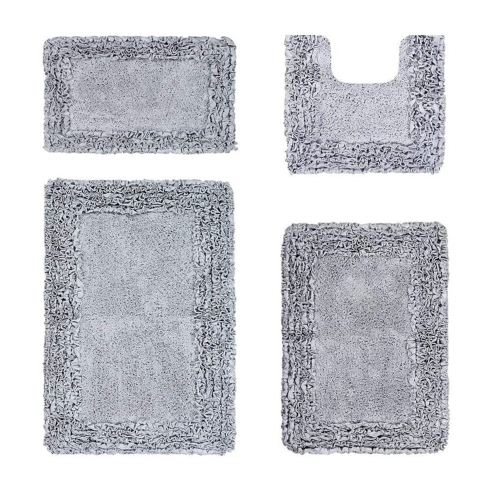 Better Trends Shaggy Border Collection, 4 Piece (17" x 24" | 20" x 20" | 21" x 34" | 24" x 40") Bathroom Set, Rectangle Rugs, 100% Cotton Silver Bath Mat, Water Absorbent and Non-Slip Doormat