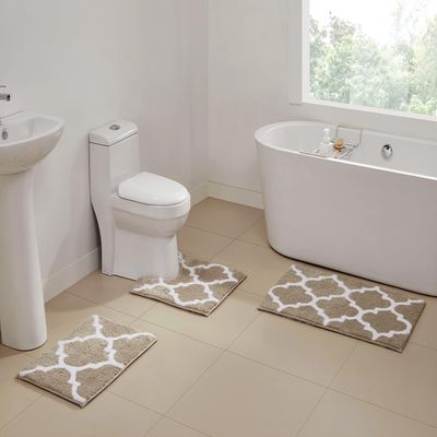 Better Trends Marrakesh Collection, Bath Rug Set, 100% Polyester Bath Mat, Reversible, and Water Absorbent Doormat, Beige, 3 Piece Set (17" x 24" | 20" x 20" | 21" x 34")