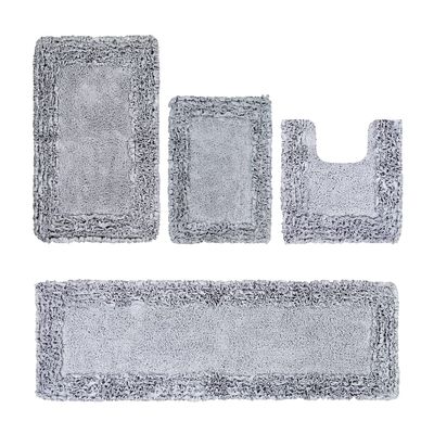 Better Trends Shaggy Border Collection, 4 Piece (17" x 24" | 20" x 20" | 21" x 34" | 20" x 60") Bathroom Set, Rectangle Rugs, 100% Cotton Silver Bath Mat, Water Absorbent and Non-Slip Doormat