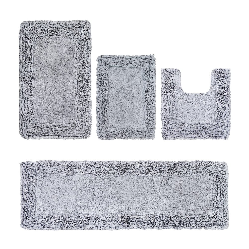 Better Trends Shaggy Border Collection, 4 Piece (17" x 24" | 20" x 20" | 21" x 34" | 20" x 60") Bathroom Set, Rectangle Rugs, 100% Cotton Silver Bath Mat, Water Absorbent and Non-Slip Doormat