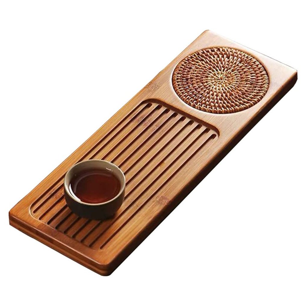 Bamboo Tea Tray Rattan Mat, Japanese Zen Style Solid Wood Household Long Tea Tray, Hotel Accessories, Without Tea Set (Size : Tea tray with rattan mat)