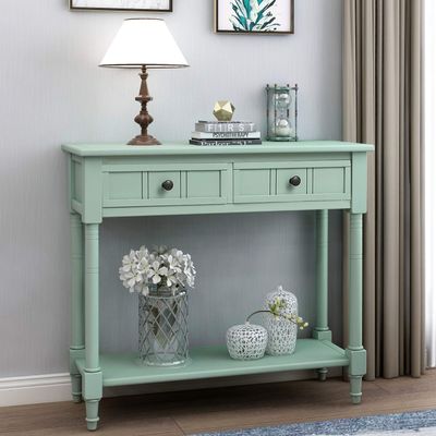 35.5" Wood Console Table with 2 Drawers and Bottom Open Shelf, Sofa Table End Table, Entryway Table for Living Room, Bedroom, Hallway, Easy Assembly (Retro Blue+Pine+w)