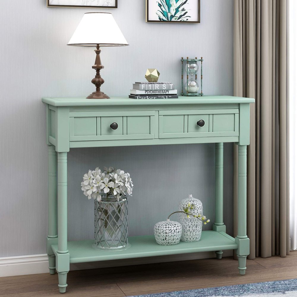 35.5" Wood Console Table with 2 Drawers and Bottom Open Shelf, Sofa Table End Table, Entryway Table for Living Room, Bedroom, Hallway, Easy Assembly (Retro Blue+Pine+w)