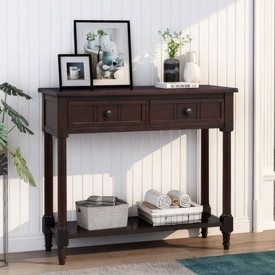 35.5" Wood Console Table with 2 Drawers and Bottom Open Shelf, Sofa Table End Table, Entryway Table for Living Room, Bedroom, Hallway, Easy Assembly (Espresso+Pine+w)