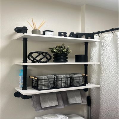 ROGMARS Industrial Pipe Shelving Bathroom Shelves with Towel Bar,3 Tier 24 inch Retro White Rustic Farmhouse Industrial Wall Shelf Bathroom Shelves Over Toilet for Storage