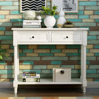 35.5" Wood Console Table with 2 Drawers and Bottom Open Shelf, Sofa Table End Table, Entryway Table for Living Room, Bedroom, Hallway, Easy Assembly (Lvory+Pine+w)