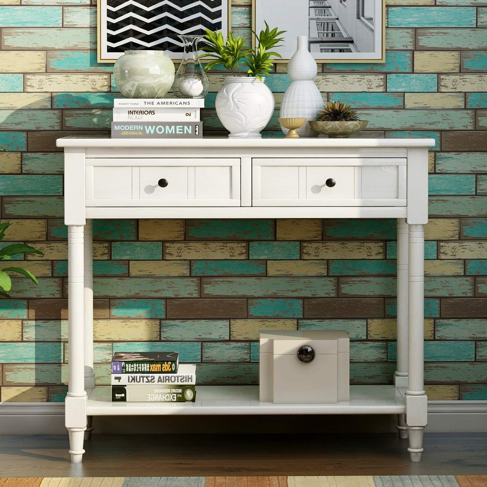 35.5" Wood Console Table with 2 Drawers and Bottom Open Shelf, Sofa Table End Table, Entryway Table for Living Room, Bedroom, Hallway, Easy Assembly (Lvory+Pine+w)