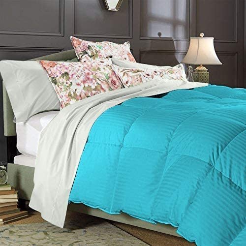 100% Egyptian Cotton Yarns-1 PC Box Stitched Turquoise Stripe Comforter | California King/King-All Season Goose Down Feather 500 GSM Fill Weight Ultra Soft,Cloud Fluffy Duvet Insert with Corner Tabs