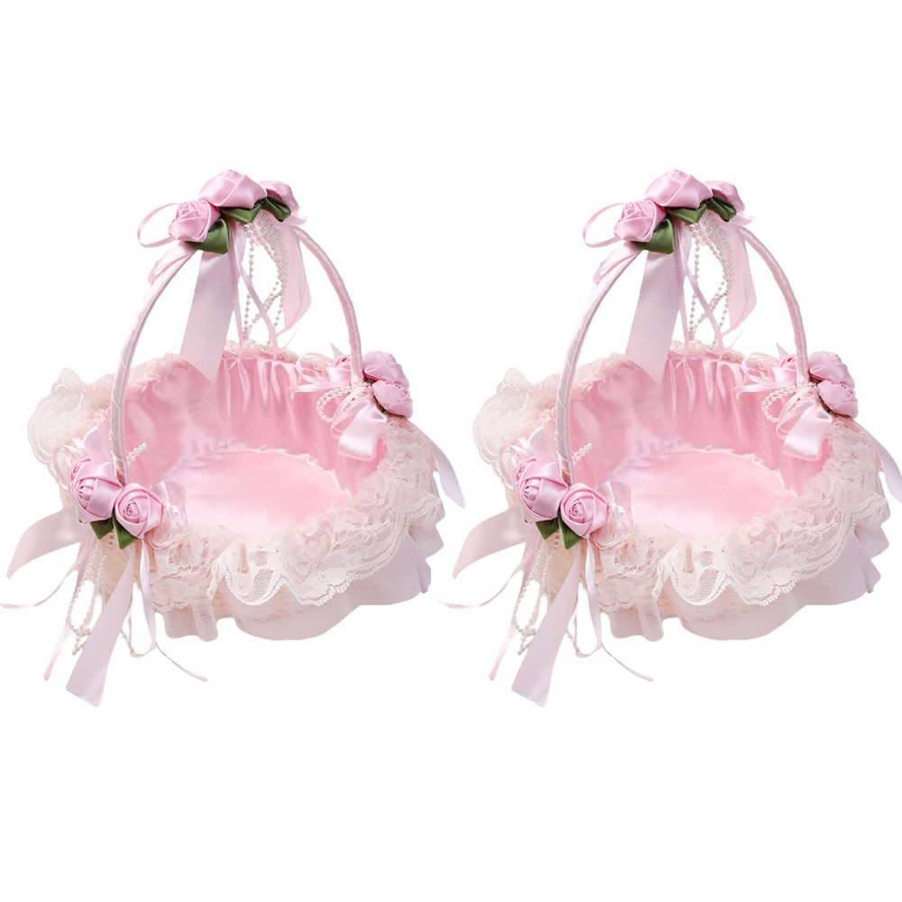 EESLL 2PCS Lace Ribbon Romance Wedding Flower Basket Flower Girl Basket,Woven Storage Basket,Decorative Flower Basket ,Pink Flower Girl Basket (CS2011THTNRO17TPXN7)