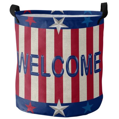 Collapsible Laundry Basket - 16.5 x 17 In 4th of July Storage Bin Laundry Hamper with Handles, Welcome American Flag Red Striped Independence Day Waterproof Clothes Baskets for Bedroom/Kids Room