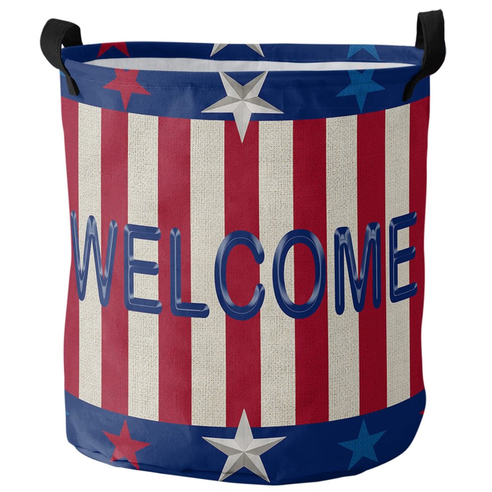Collapsible Laundry Basket - 16.5 x 17 In 4th of July Storage Bin Laundry Hamper with Handles, Welcome American Flag Red Striped Independence Day Waterproof Clothes Baskets for Bedroom/Kids Room