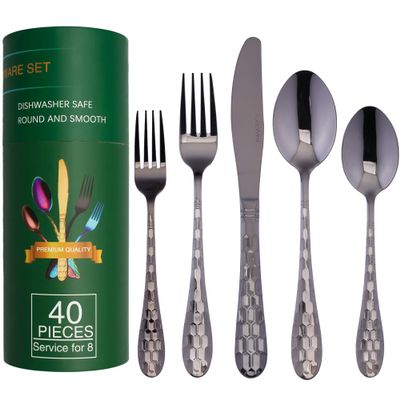40PCS Black Silverware Set for 8, 18/10 Stainless Steel Flatware for 8, Elegant Honeycomb Design Tableware Cutlery Include Knife/Fork/Spoon Service for 8, Mirror Polished, Dishwasher Safe (Black)