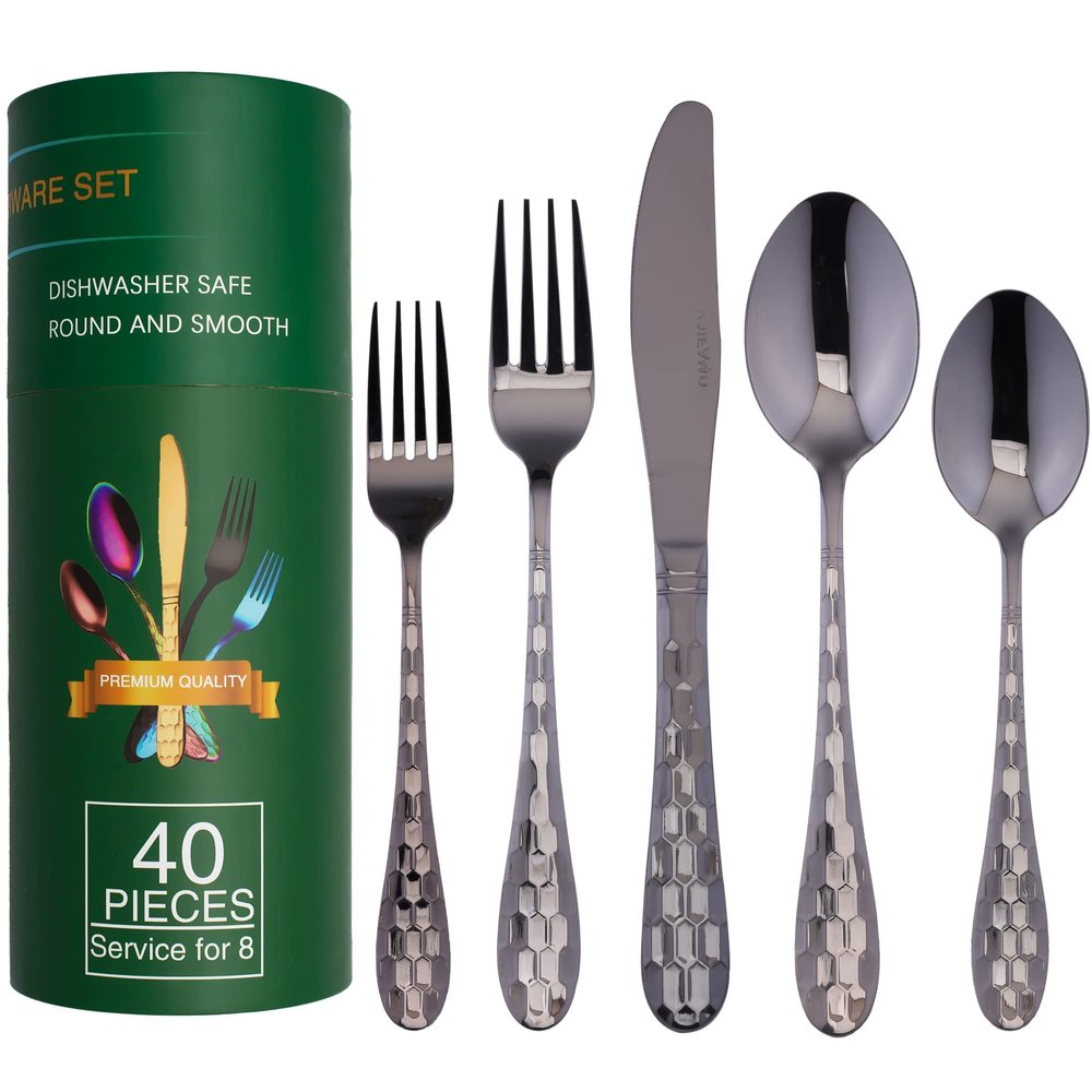 40PCS Black Silverware Set for 8, 18/10 Stainless Steel Flatware for 8, Elegant Honeycomb Design Tableware Cutlery Include Knife/Fork/Spoon Service for 8, Mirror Polished, Dishwasher Safe (Black)