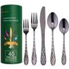 40PCS Black Silverware Set for 8, 18/10 Stainless Steel Flatware for 8, Elegant Honeycomb Design Tableware Cutlery Include Knife/Fork/Spoon Service for 8, Mirror Polished, Dishwasher Safe (Black) view 1