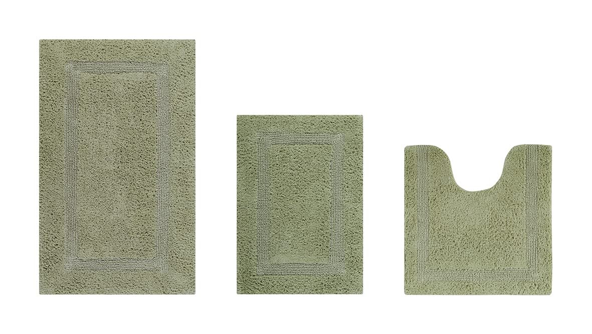 Better Trends Luxury 3 Piece Bath Rugs Set 100% Cotton Bathroom Rug Soft Water Absorbent, Reversible, Machine Washable for Bathroom Decor U Shape Toilet Base Contour Mat Sage Lux Collection
