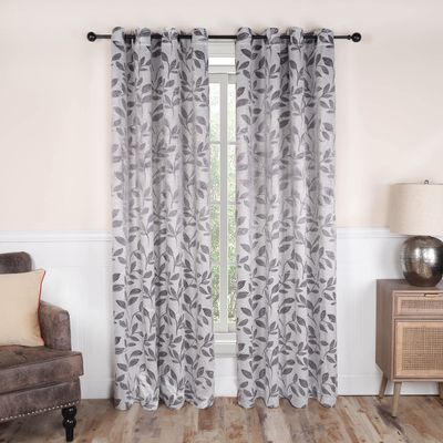 Superior Blackout Curtains, Room Darkening Window Accent for Bedroom, Sun Blocking, Thermal, Modern Bohemian Curtains, Leaves Collection, Set of 2 Panels, Grommet- 52 in x 120 in, Grey