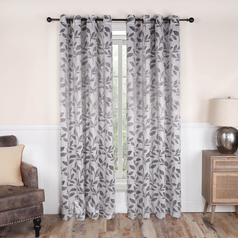 Superior Blackout Curtains, Room Darkening Window Accent for Bedroom, Sun Blocking, Thermal, Modern Bohemian Curtains, Leaves Collection, Set of 2 Panels, Grommet- 52 in x 120 in, Grey