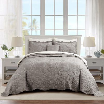 BYTIDE Quilt Bedspread Oversized Queen 4 Piece Bedding Set 110" x 120" Elegant Antique Classy Damask Embroidery with Scallop Edges, Ultra Soft Lightweight Coverlet, Gray