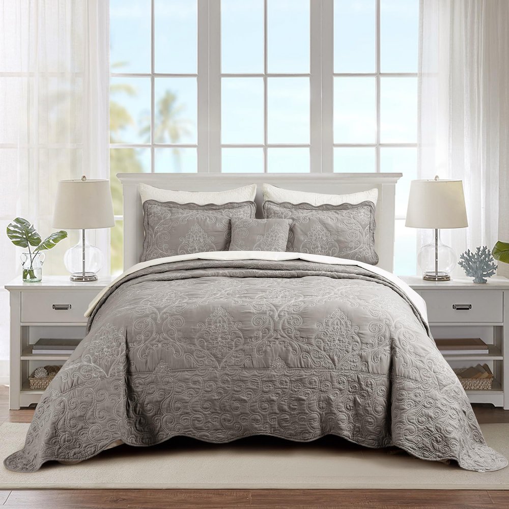 BYTIDE Quilt Bedspread Oversized Queen 4 Piece Bedding Set 110" x 120" Elegant Antique Classy Damask Embroidery with Scallop Edges, Ultra Soft Lightweight Coverlet, Gray