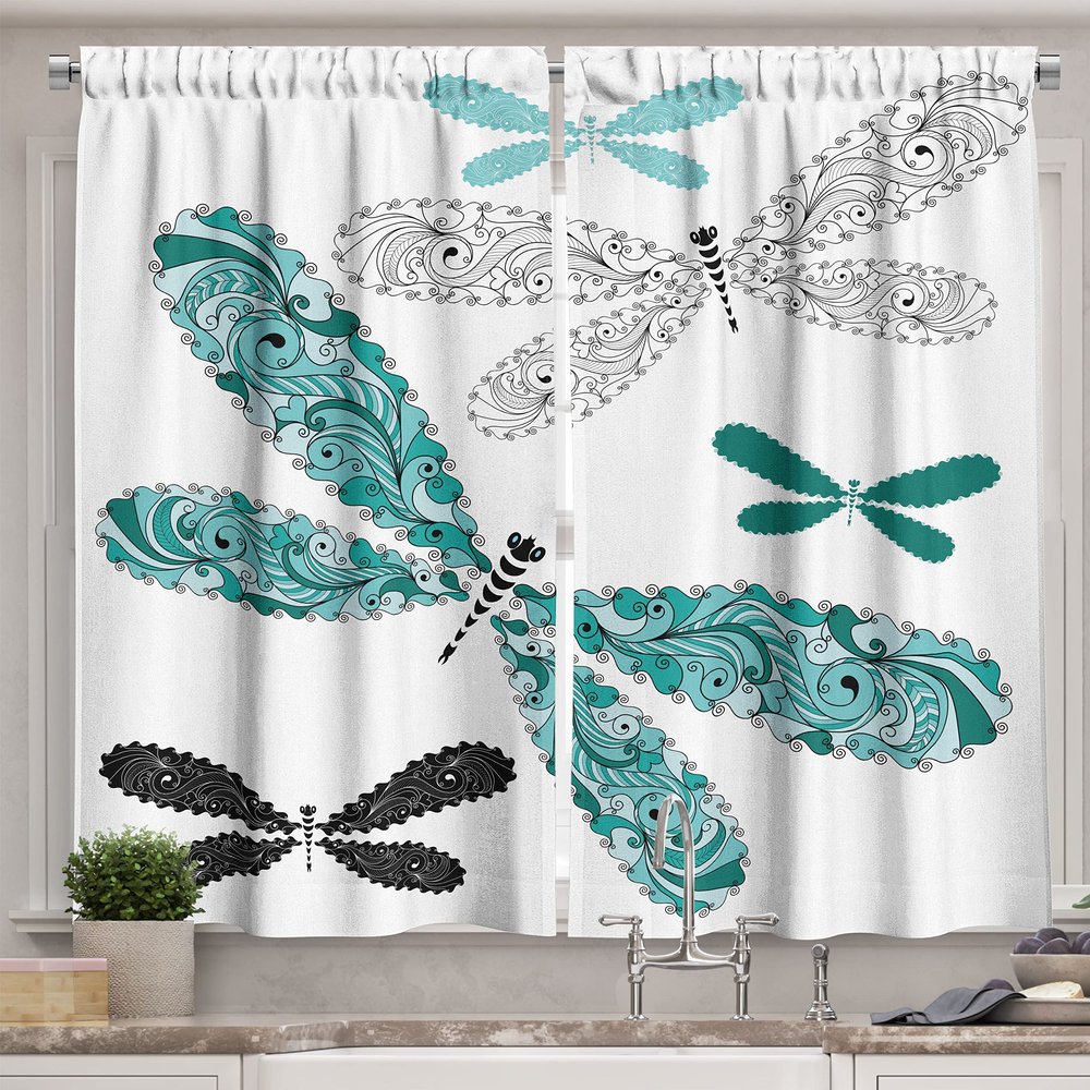 Ambesonne Dragonfly Long Kitchen Curtains, Ornamental Dragonfly with Lace and Damask Effects Image, Two Panels Drapes with Rod Pocket Room Decor, 55" x 45", Black Turquoise