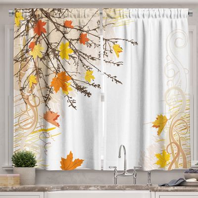 Ambesonne Nature Long Kitchen Curtains, Autumn Maple Leaves Branches in Fall Earthen Tones Faded Woodland Art Print, Two Panels Drapes with Rod Pocket Room Decor, 55" x 45", Tan Yellow