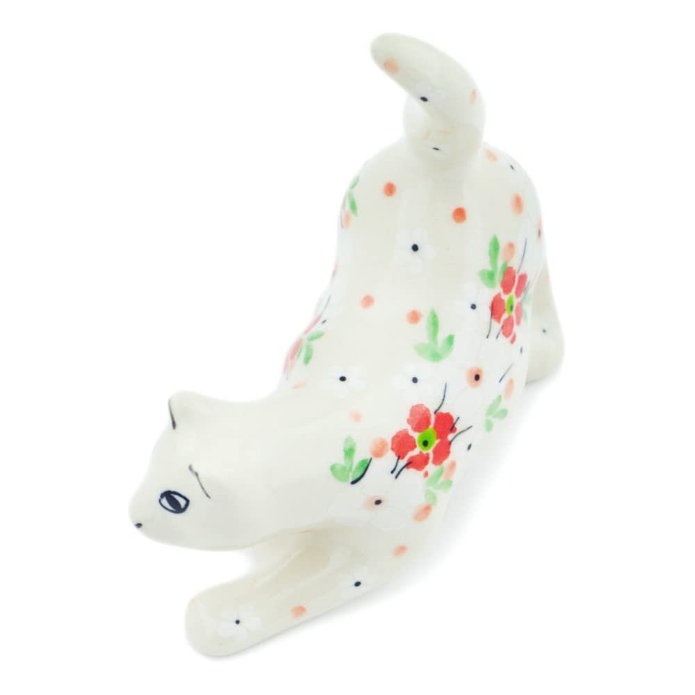 Polmedia Polish Pottery Cat Figurine - Pop of Poppy Pattern Handmade in Boleslawiec Poland by Ceramika Artystyczna + Certificate of Authenticity