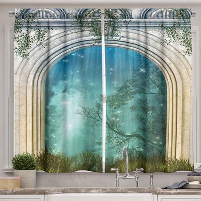 Ambesonne Mystic Long Kitchen Curtains, Magic Curved Door in The Forest Mystic Mysterious Surreal Nature World Print, Two Panels Drapes with Rod Pocket Room Decor, 55" x 45", Beige Blue