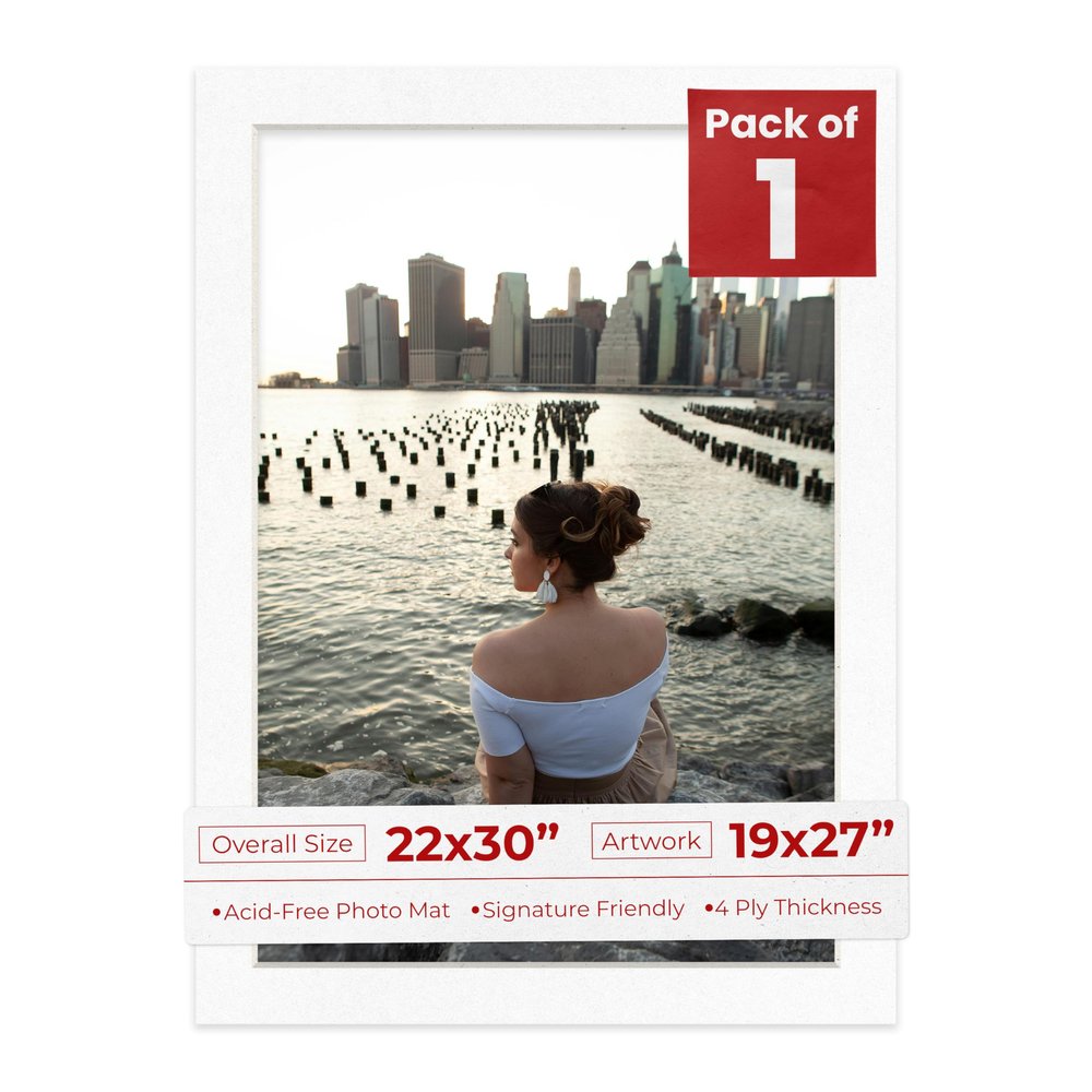 Poster Palooza 22x30 Mat Bevel Cut for 19x27 Photos - Acid Free White with Black Core Precut Matboard - For Pictures, Photos, Framing - 4-ply Thickness