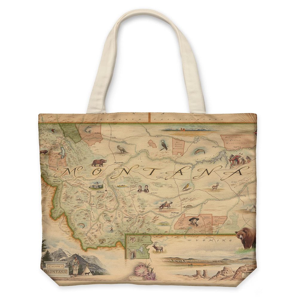 Xplorer Maps Montana Map Canvas Tote Bag with Handles, Cloth Grocery Shopping Bag, Reusable & Eco-friendly Bag, 100% Cotton, Washable, 18 wide x 15 tall