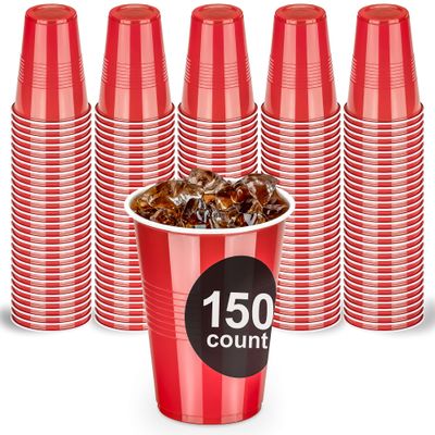 DecorRack 150 Count Red Party Cups, 16 oz BPA Free Plastic Cups, Perfect for Birthday, Picnic, Indoor and Outdoor Event, Stackable, Reusable, Disposable Round Beverage Drinking Cups (Red,150 Pack)
