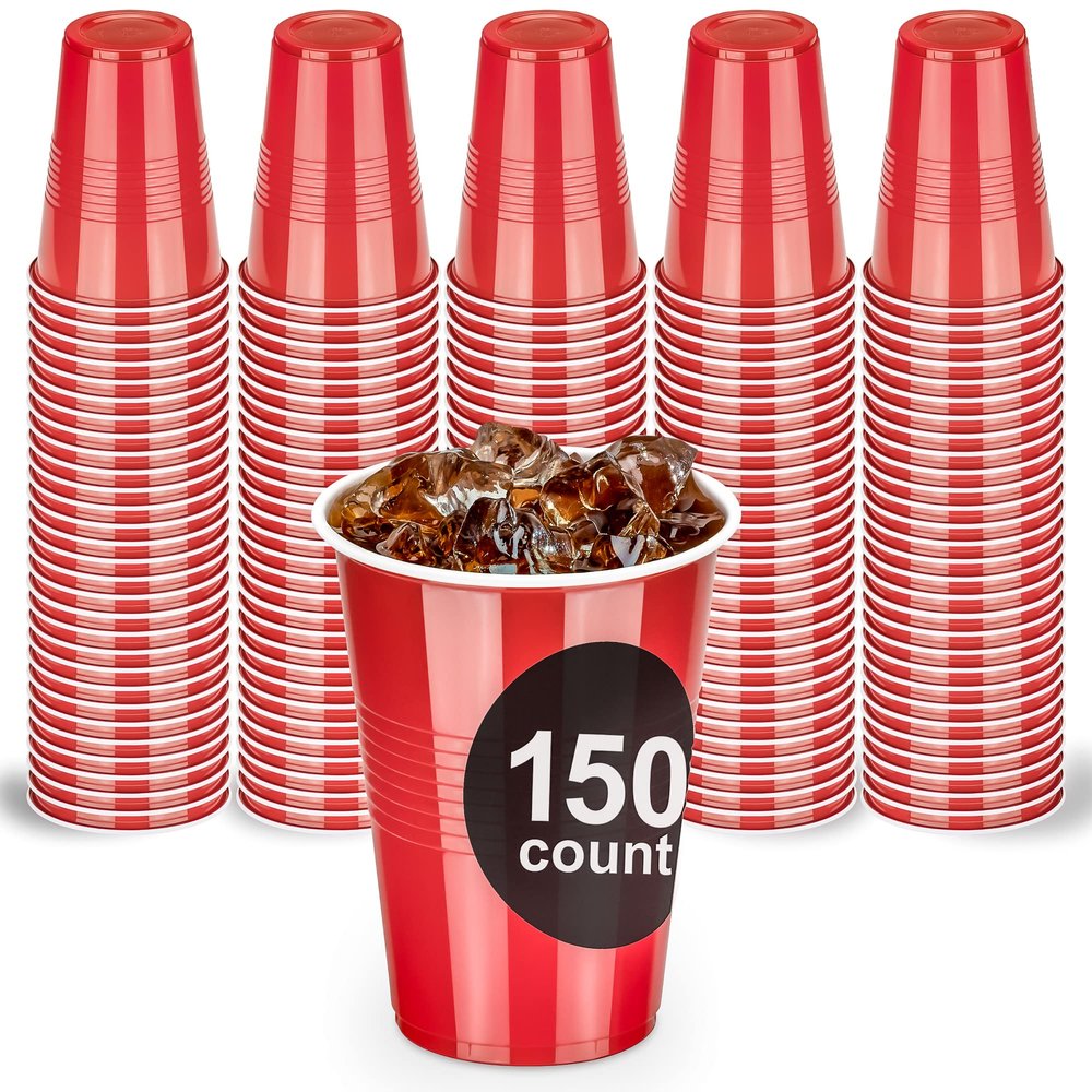 DecorRack 150 Count Red Party Cups, 16 oz BPA Free Plastic Cups, Perfect for Birthday, Picnic, Indoor and Outdoor Event, Stackable, Reusable, Disposable Round Beverage Drinking Cups (Red,150 Pack)