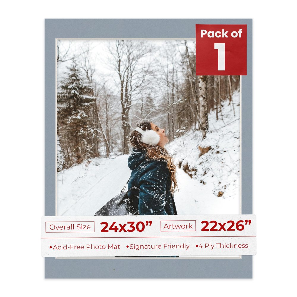 Poster Palooza 24x30 Mat Bevel Cut for 22x26 Photos - Acid Free Mid Grey Precut Matboard - For Pictures, Photos, Framing - 4-ply Thickness