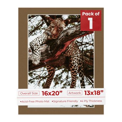 16x20 Mat Bevel Cut for 13x18 Photos - Acid Free Aged Oak Brown Precut Matboard With Backing Board and Crystal Clear, Self Seal Photo Mat Bag - For Pictures, Photos, Framing - 4-ply Thickness