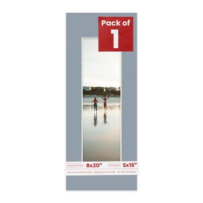 Poster Palooza 8x20 Mat Bevel Cut for 5x15 Photos - Acid Free Mid Grey Precut Matboard With Backing Board and Crystal Clear, Self Seal Photo Mat Bag - For Pictures, Photos, Framing - 4-ply Thickness