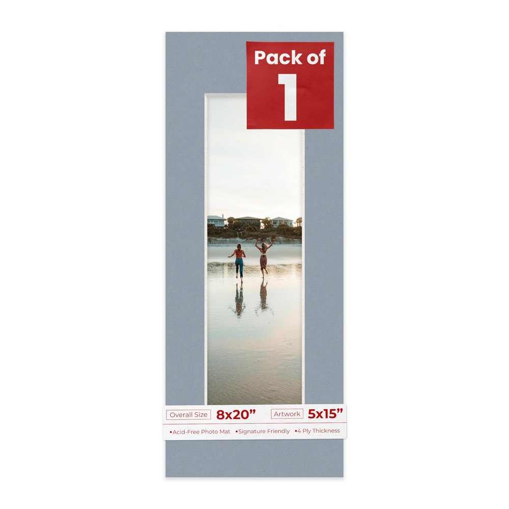 Poster Palooza 8x20 Mat Bevel Cut for 5x15 Photos - Acid Free Mid Grey Precut Matboard With Backing Board and Crystal Clear, Self Seal Photo Mat Bag - For Pictures, Photos, Framing - 4-ply Thickness