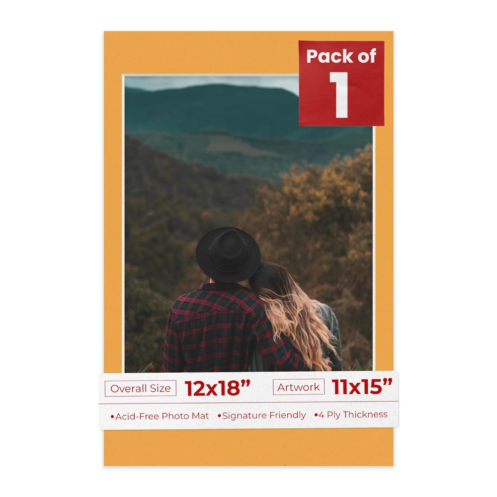 Poster Palooza 12x18 Mat Bevel Cut for 11x15 Photos - Acid Free Golden Orange Precut Matboard - For Pictures, Photos, Framing - 4-ply Thickness