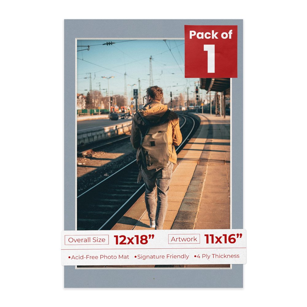Poster Palooza 12x18 Mat Bevel Cut for 11x16 Photos - Acid Free Mid Grey Precut Matboard - For Pictures, Photos, Framing - 4-ply Thickness