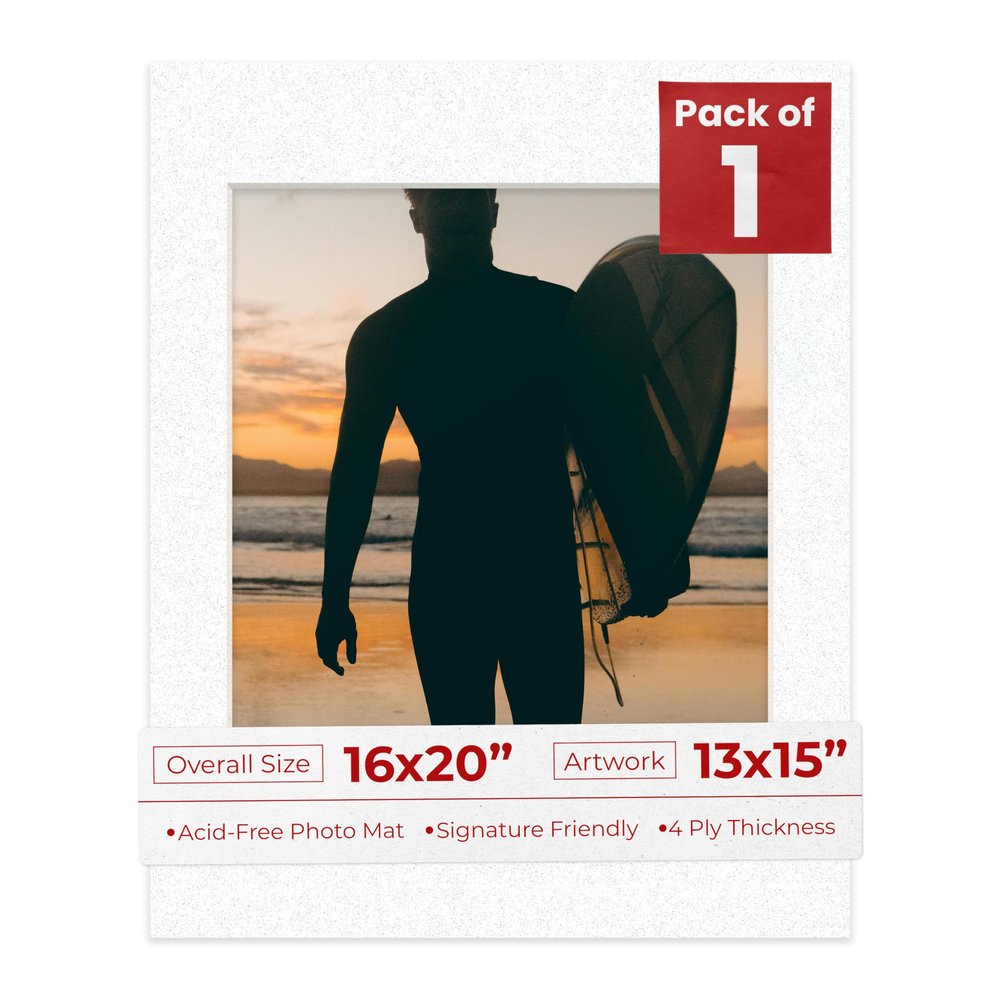 16x20 Mat Bevel Cut for 13x15 Photos - Acid Free Oyster Shell White Precut Matboard With Backing Board and Crystal Clear, Self Seal Photo Mat Bag - For Pictures, Photos, Framing - 4-ply Thickness