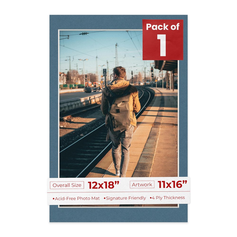 Poster Palooza 12x18 Mat Bevel Cut for 11x16 Photos - Acid Free Steel Blue Precut Matboard - For Pictures, Photos, Framing - 4-ply Thickness