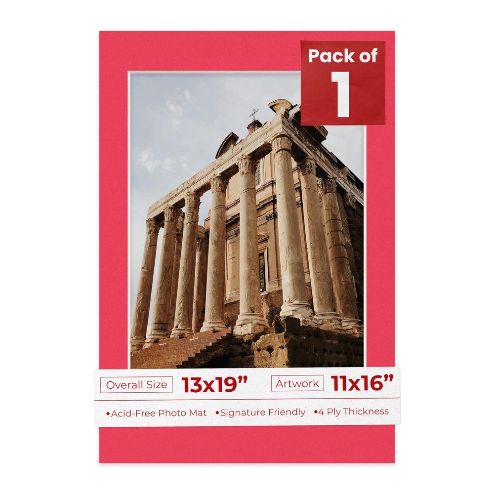 Poster Palooza 13x19 Mat Bevel Cut for 11x16 Photos - Acid Free Cardinal Red Precut Matboard - for Pictures, Photos, Framing - 4-ply Thickness