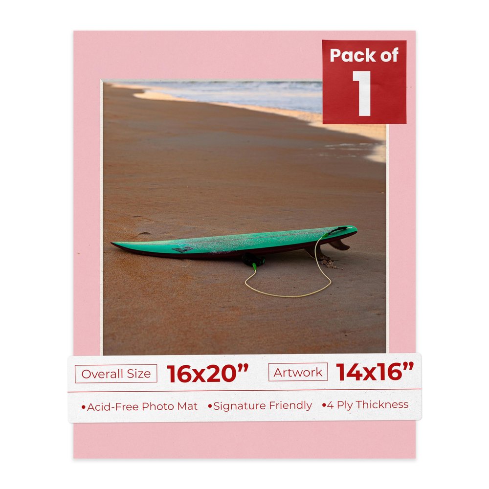Poster Palooza 16x20 Mat Bevel Cut for 14x16 Photos - Acid Free Pink Precut Matboard - For Pictures, Photos, Framing - 4-ply Thickness