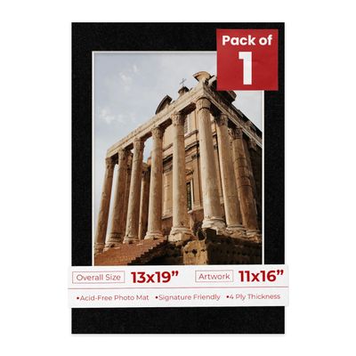13x19 Mat Bevel Cut for 11x16 Photos - Acid Free Black with Black Core Precut Matboard With Backing Board and Crystal Clear, Self Seal Photo Mat Bag - For Pictures, Photos, Framing - 4-ply Thickness