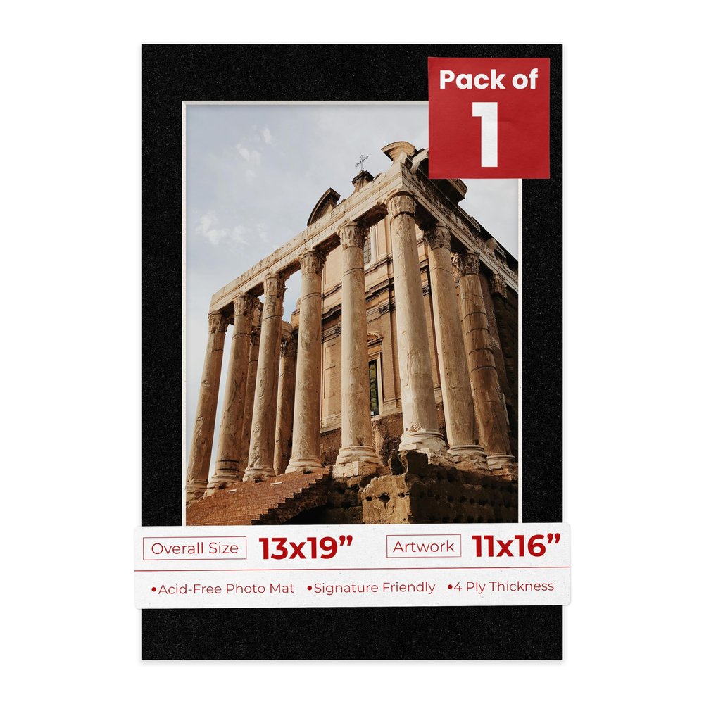 13x19 Mat Bevel Cut for 11x16 Photos - Acid Free Black with Black Core Precut Matboard With Backing Board and Crystal Clear, Self Seal Photo Mat Bag - For Pictures, Photos, Framing - 4-ply Thickness