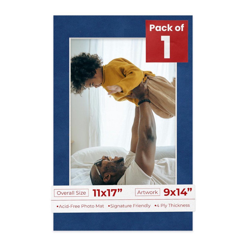 11x17 Mat Bevel Cut for 9x14 Photos - Acid Free Brooke Blue Suede Precut Matboard With Backing Board and Crystal Clear, Self Seal Photo Mat Bag - For Pictures, Photos, Framing - 4-ply Thickness