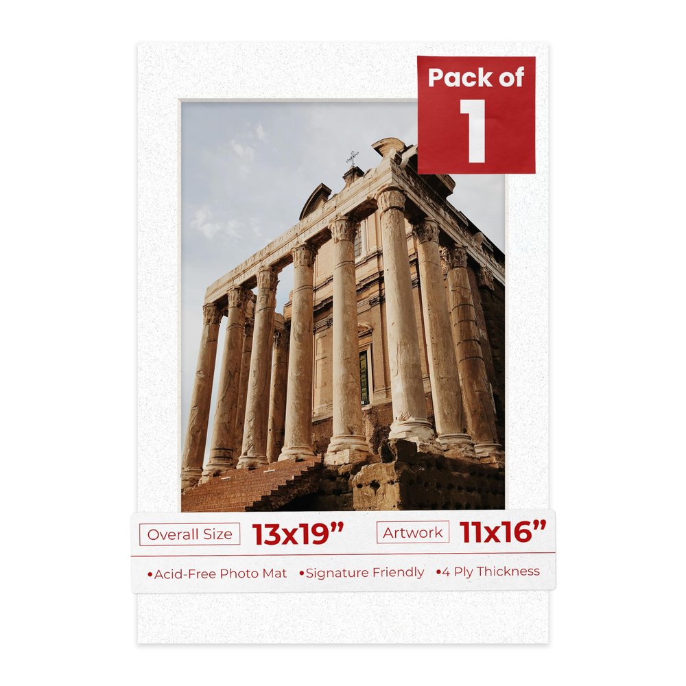 13x19 Mat Bevel Cut for 11x16 Photos - Acid Free Oyster Shell White Precut Matboard With Backing Board and Crystal Clear, Self Seal Photo Mat Bag - For Pictures, Photos, Framing - 4-ply Thickness