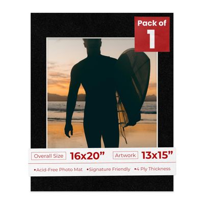 16x20 Mat Bevel Cut for 13x15 Photos - Acid Free Black with Black Core Precut Matboard With Backing Board and Crystal Clear, Self Seal Photo Mat Bag - For Pictures, Photos, Framing - 4-ply Thickness