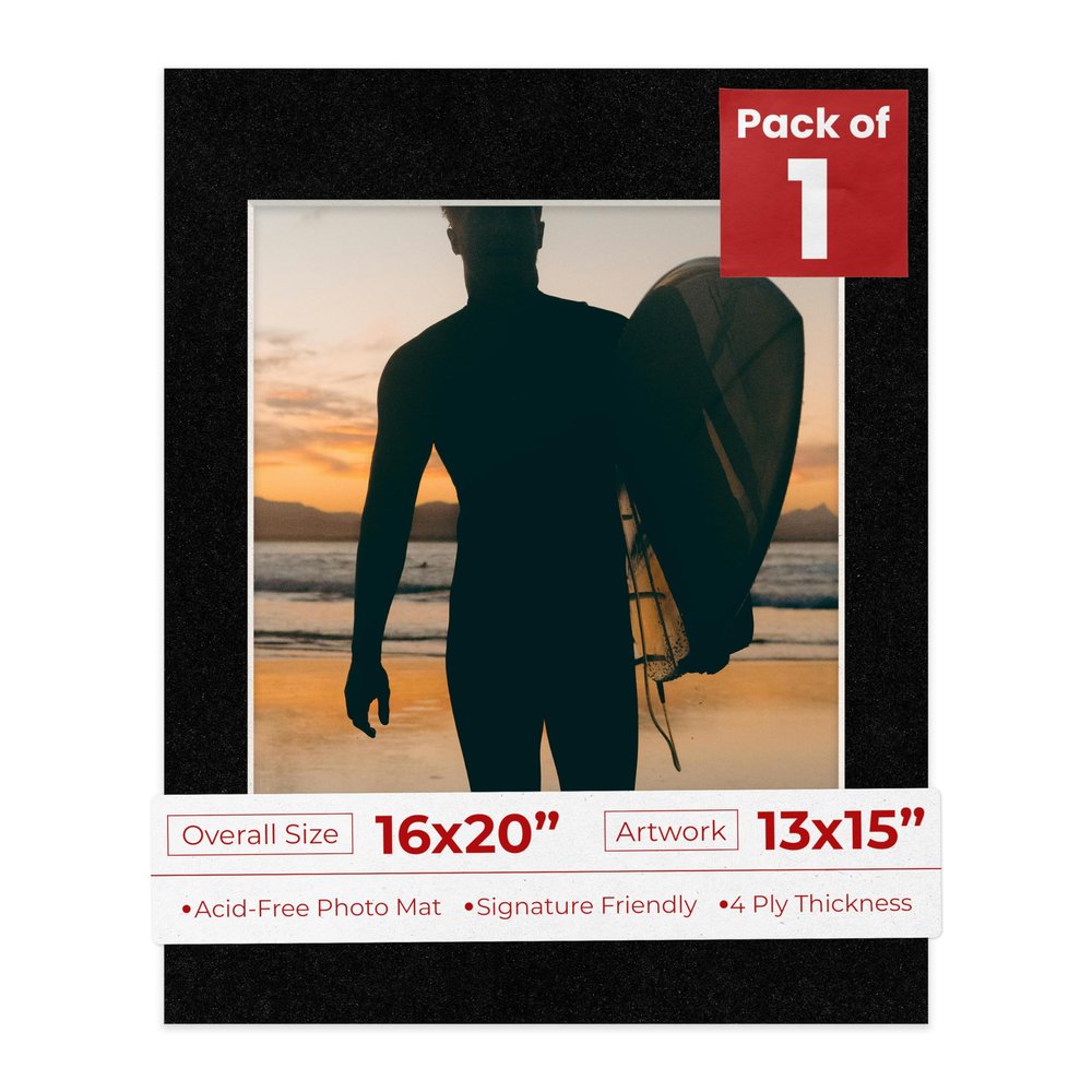 16x20 Mat Bevel Cut for 13x15 Photos - Acid Free Black with Black Core Precut Matboard With Backing Board and Crystal Clear, Self Seal Photo Mat Bag - For Pictures, Photos, Framing - 4-ply Thickness