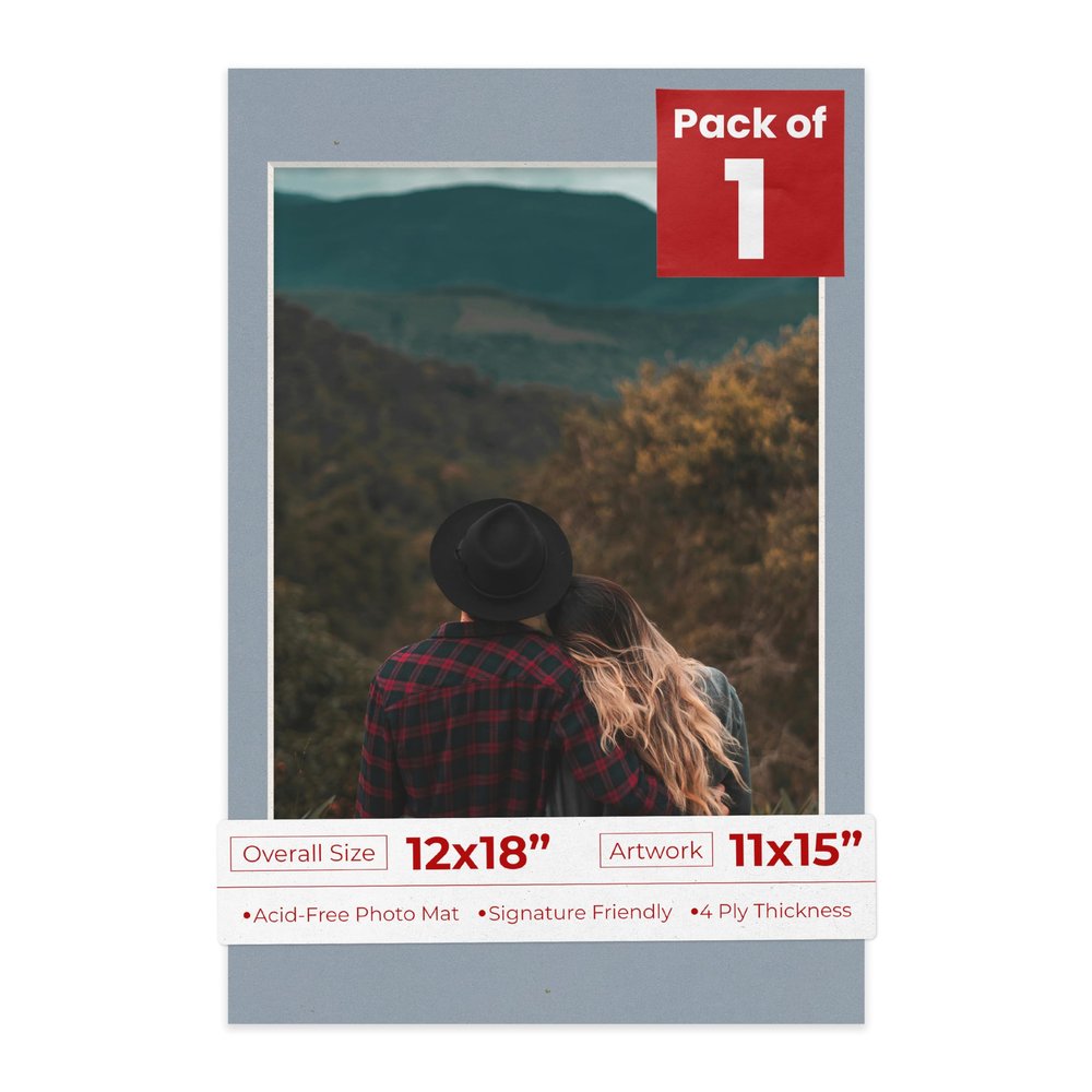 Poster Palooza 12x18 Mat Bevel Cut for 11x15 Photos - Acid Free Mid Grey Precut Matboard - For Pictures, Photos, Framing - 4-ply Thickness